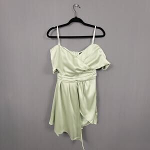 Lulus Satin Wrap Mini Dress S Sage Green Off Shoulder Wedding Guest Romantic